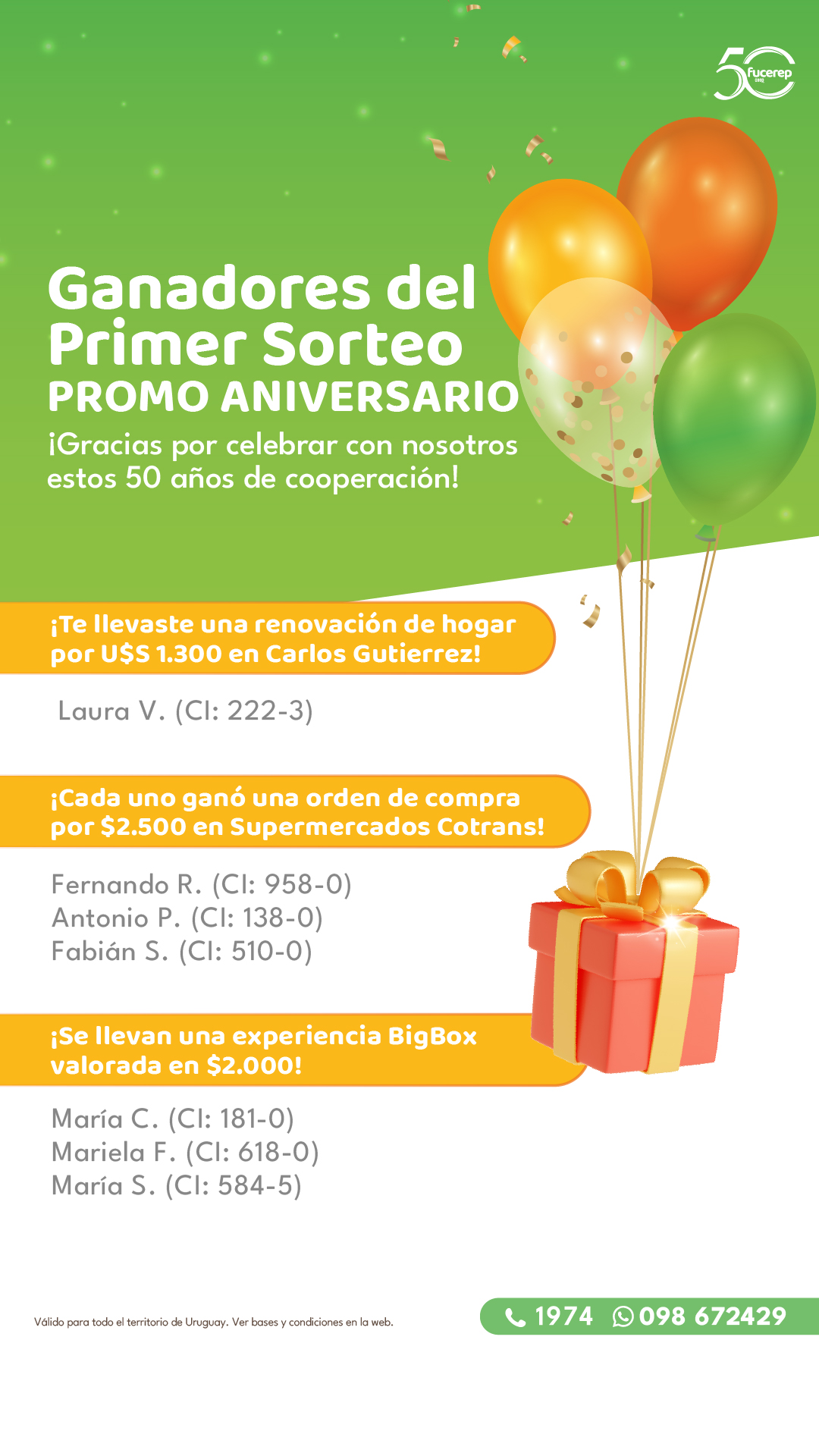 Ganadores del primer sorteo PROMO ANIVERSARIO